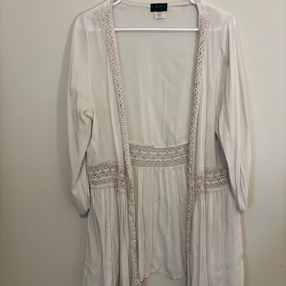 Ceny Wrap coverup, Romantic, airy, embroidered, crocheted, kimono